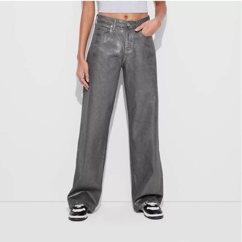 Wild Fable Womens High Rise Baggy Metallic Silver Gray Denim Jeans 17/31.5 NEW